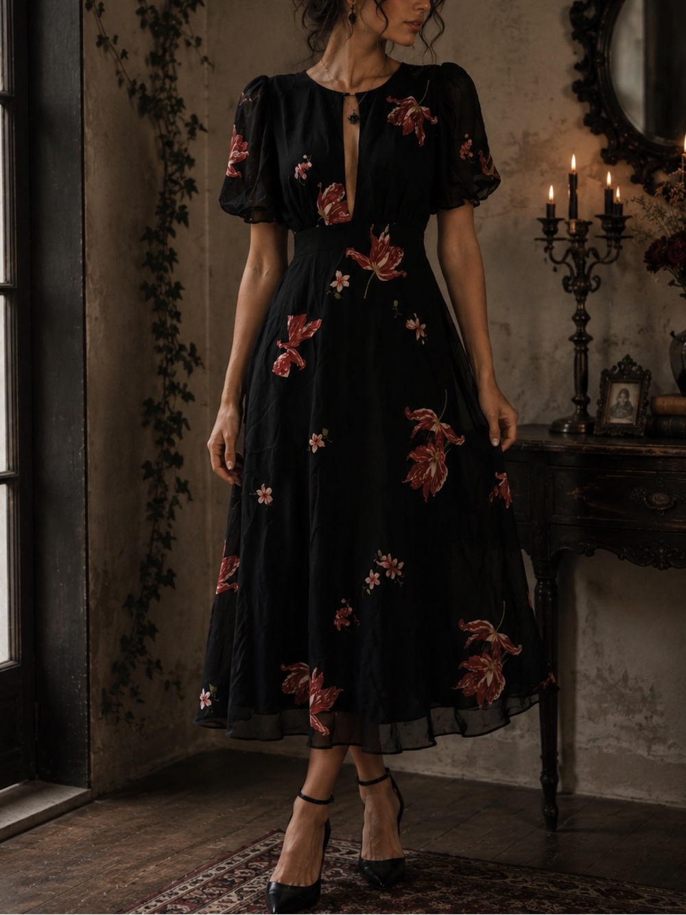 Reformation Corynn Dutch Tulip Black Floral Midi Dress Keyhole Neck Flutter